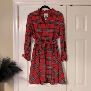 Woman’s red plaid flannel dress